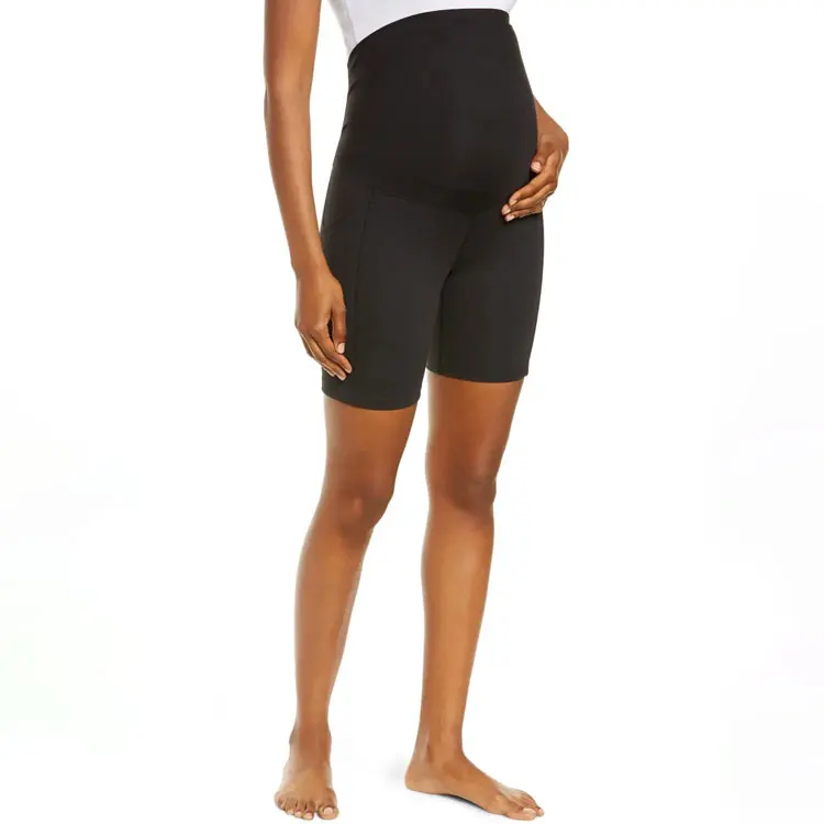 High Waist Customized Logo Printing Soft Elastic Solid Colors Women Yoga Maternity Bike Shorts With Side Pocket