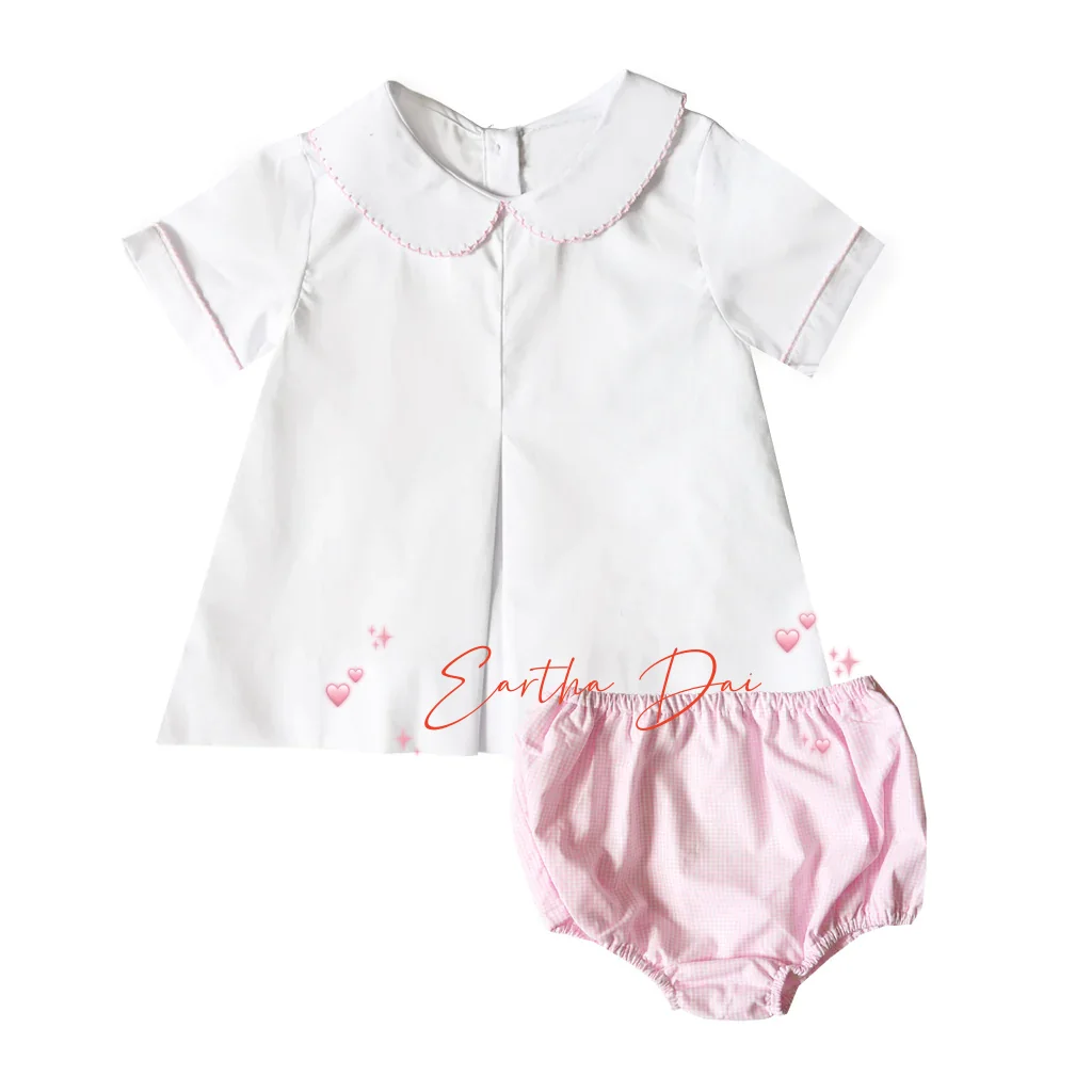 Monogram summer baby bloomer Set diaper covers woven cotton plain white custom kids outfits
