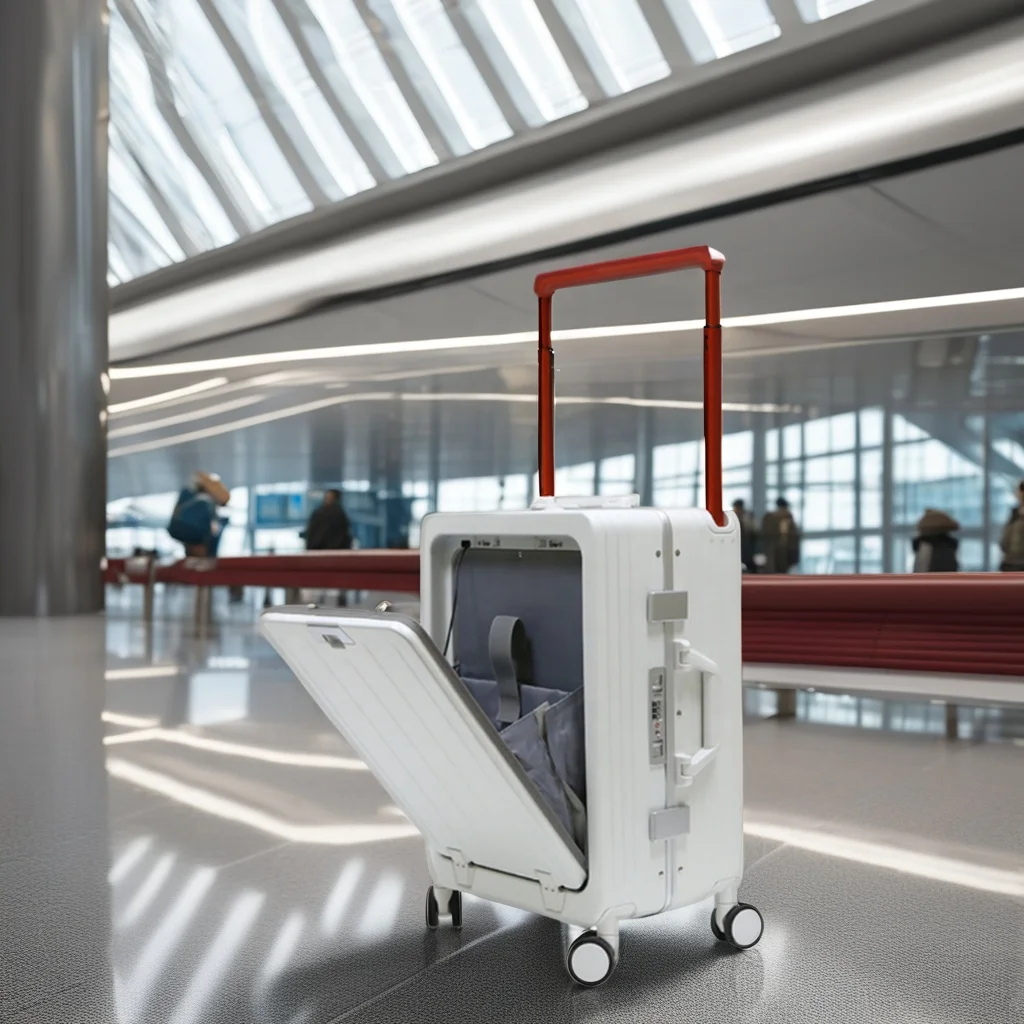 Unisex aluminum  trolley Business PC Spinner Luggage Fashionable USB Charge Suitcase Wide Trolley Cup Holder Front Opening Cover