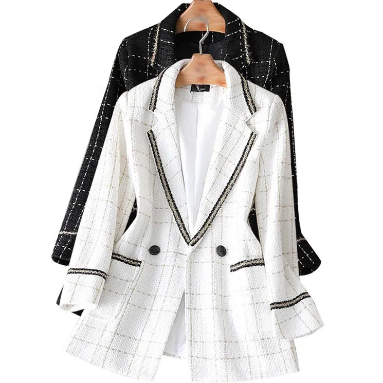 Wholesale Custom Made Women Plaid Check Tweed Blazer Suits Jacket Mini Tweed Double Breasted Blazer Tweeds Blazer