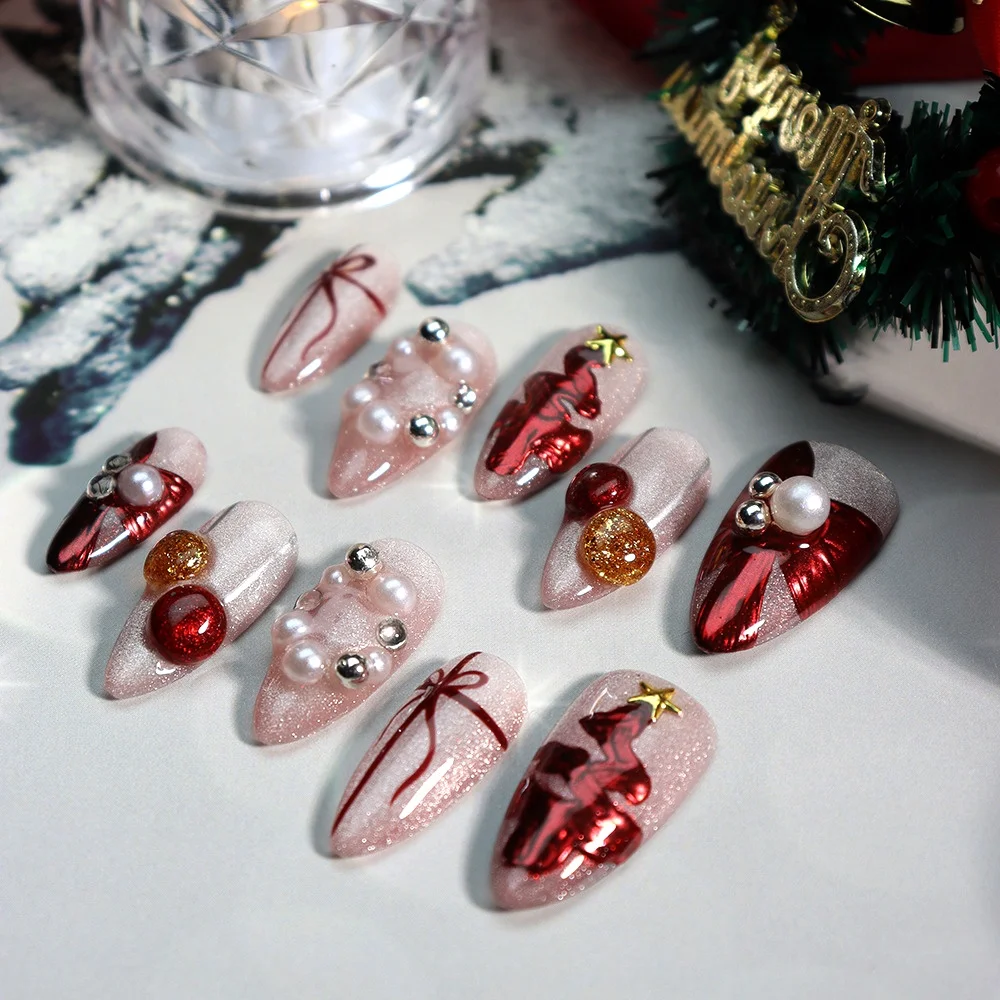 New Arrival Almond Hand-painted Christmas Pearls Nail Crystal Handmade Nail Art 3D Luxury Press on Nails