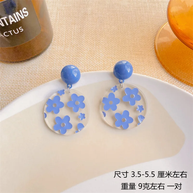 JUHU Blue flower transparent acrylic earrings simple sweet and lovely yellow plaid silver pin earrings all-match jewelry women