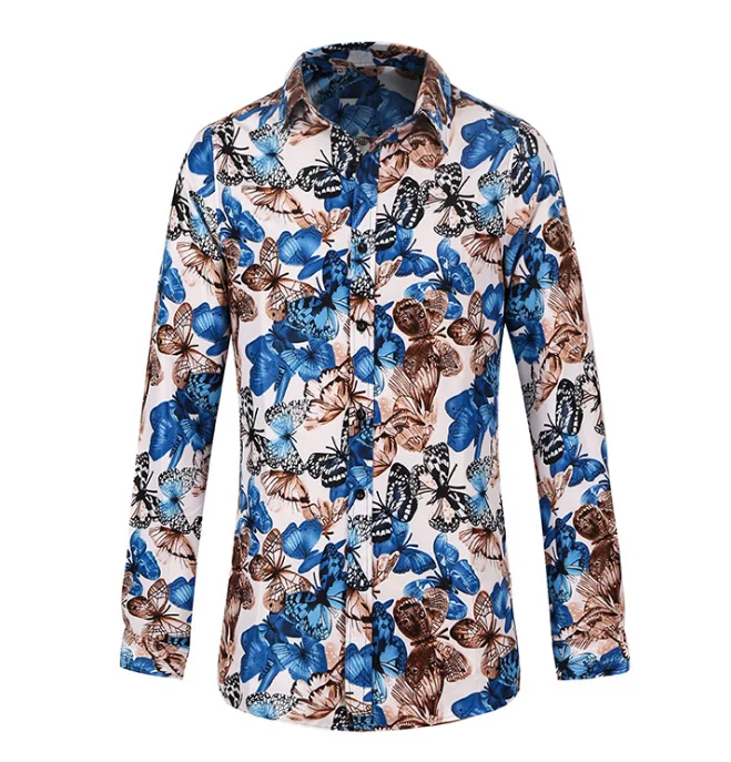 2021 wholesale slim fit man tops butterfly print shirts long sleeve men shirt