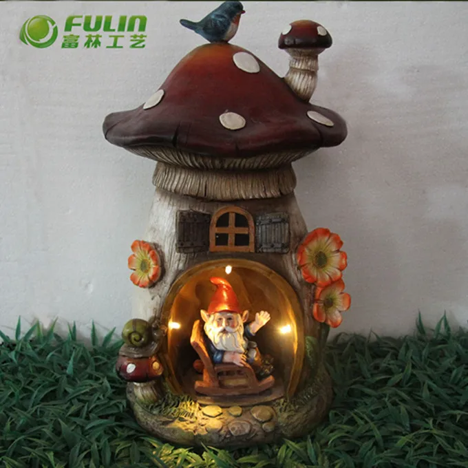 Gnome Fairy House with Color Changing LED Solar Light Outdoor Resin statues Decoration Outdoor Garden Ornaments