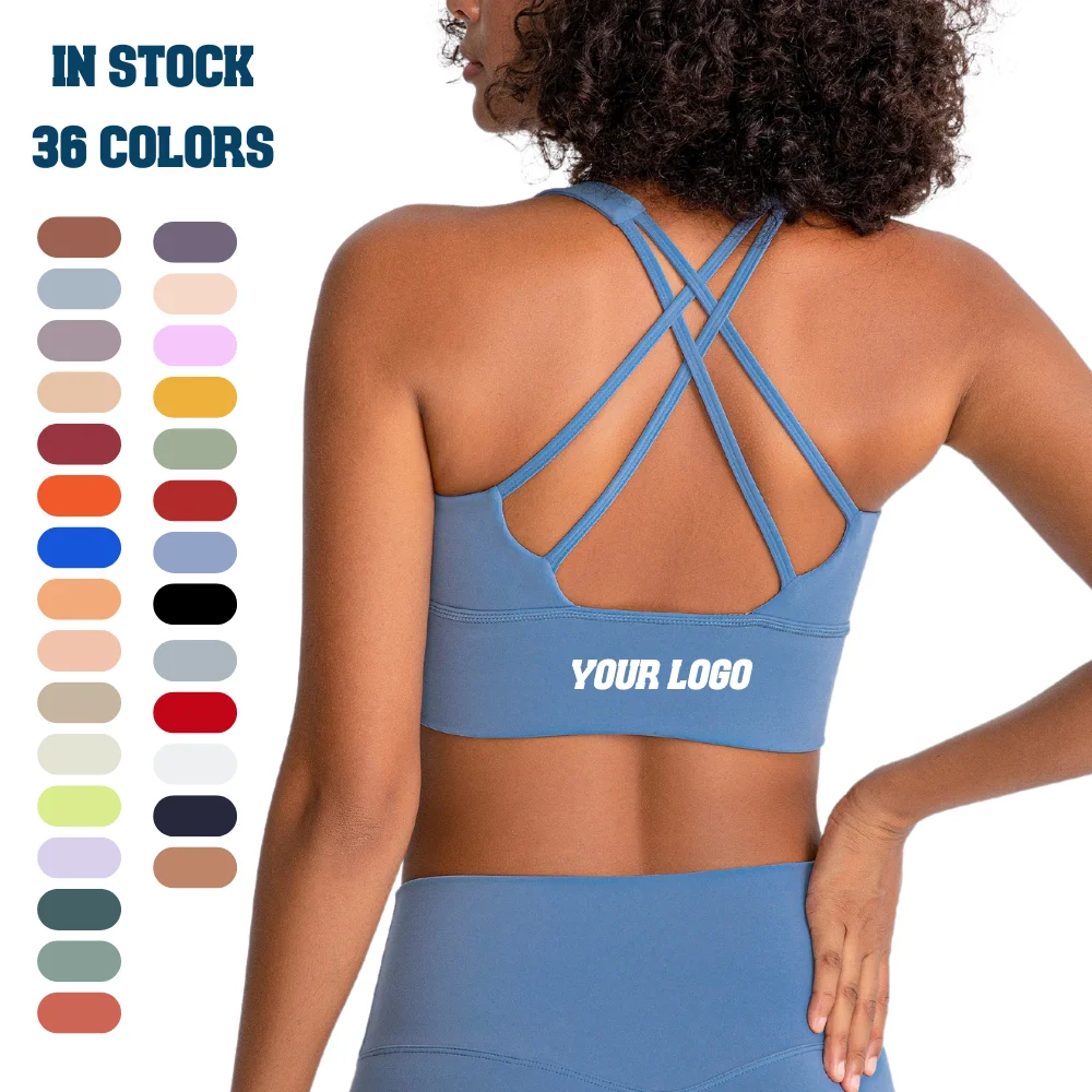 In Stock 36 Colors Lulu lemon Custom Logo Ladies Compression Halter Yoga Bra Padded Cross Back High Support Sports Bra