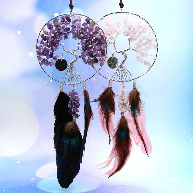 Natural Handmade Feather Dream Catcher Hanging Tree Of Life Crystal Gravel Stone Dreamcatcher
