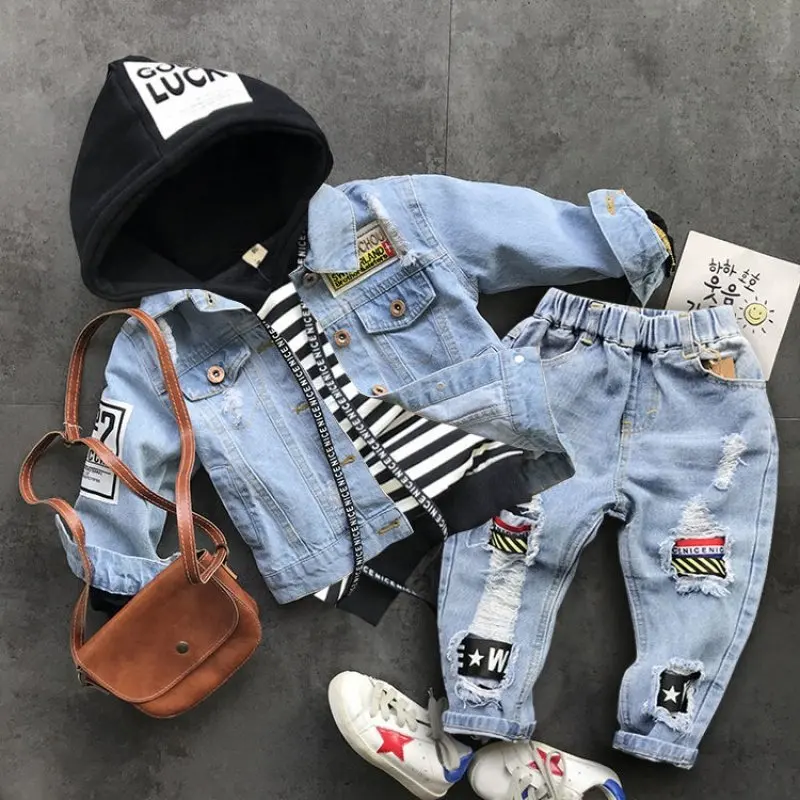 Spring New Boys Denim Suit Fashion Trend High Quality Denim Jacket 3 Piece Set For Kids 2-7 Years Old