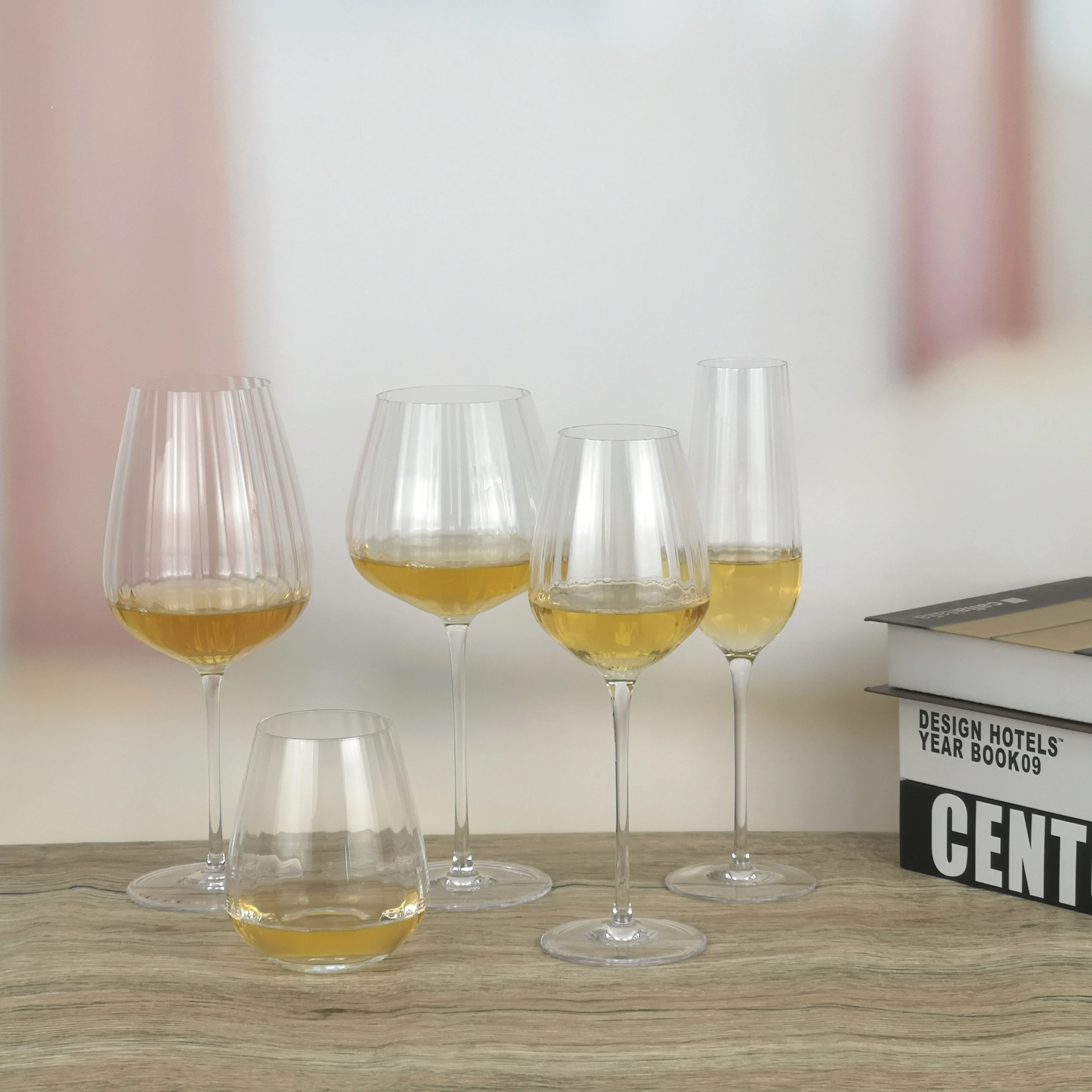 Wholesale American Style Waterfall Optic Crystal Ribbed Wine Glass Set 350ml Goblet Flute Champagne Glasses