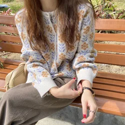 Woven Korean Version Rabbit fur Stylish Wool Long Sleeve Print Casual Women Sweaters Knit Cardigan