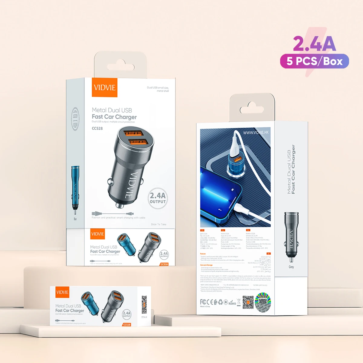 VIDVIE Aluminum High Quality Cheap Two Ports USB 2.4A Car Charger Adapter For iPhone Android Phone