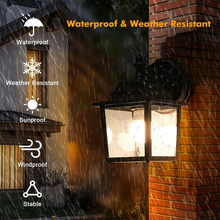 Waterproof Black Outdoor Garden Exterior Decorative Lights Metal Aluminum Simple Vintage Glass Wall Lamp