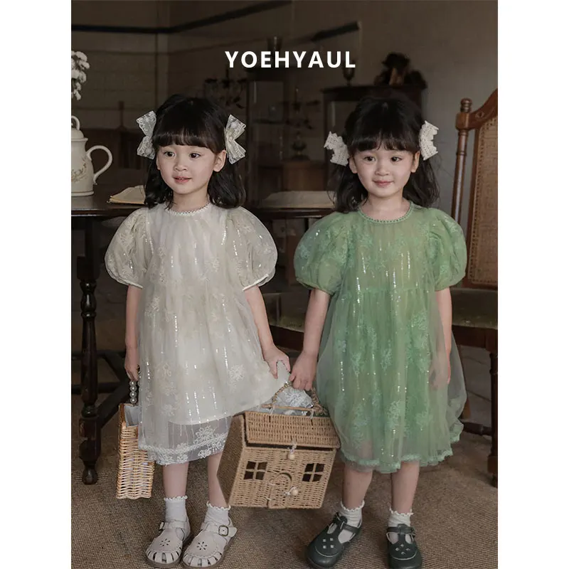 YOEHYAUL Custom Pure Cotton Puff Sleeves Children Lace Dress Patterns Kids Tulle Princess Chiffon Baby Dress With Sequins