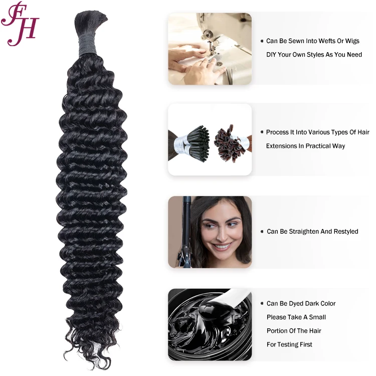 FH wholesale 12A raw bulk human hair for braiding 100g unprocessed hair deep wave afro kinky bulk braiding human hair no weft