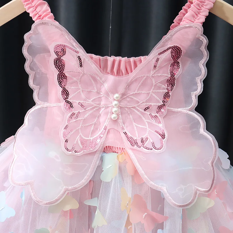 2024 Embroidered Butterfly Princess Lace Children Girls Clothing Ball Gown Party Evening Elegant Tulle Prom Dress for Kids