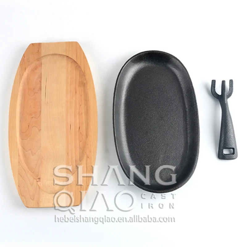 Pre-seasoned Cast Iron Sizzling Steak Plate with Wooden Base/Tray Fajita Skillet Server Plate Sizzler Pan Serving Platter