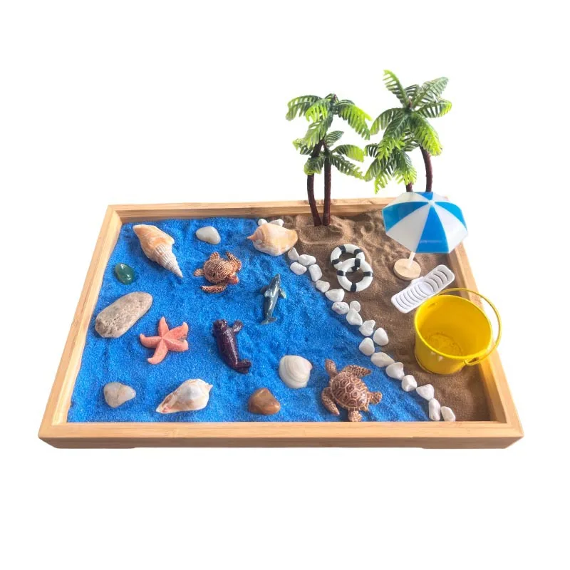 Japanese Ocean Style Zen Garden Kit Zen Sand Garden Box for Home Office Decor - Tray,Tools,Sand,Palm Tree,Starfish,Conch&Stone