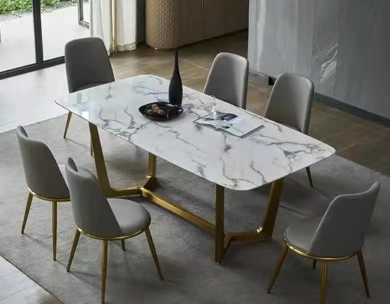 Metal frame and marble dining table stainless steel dining table set Foshan furniture a table 8 chairs
