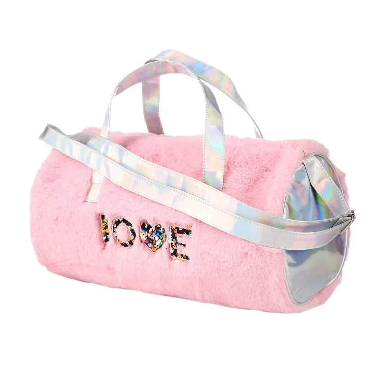 
Customized logo large women stylish pink cute holographic plush ladies fur travel duffle bag ladies 