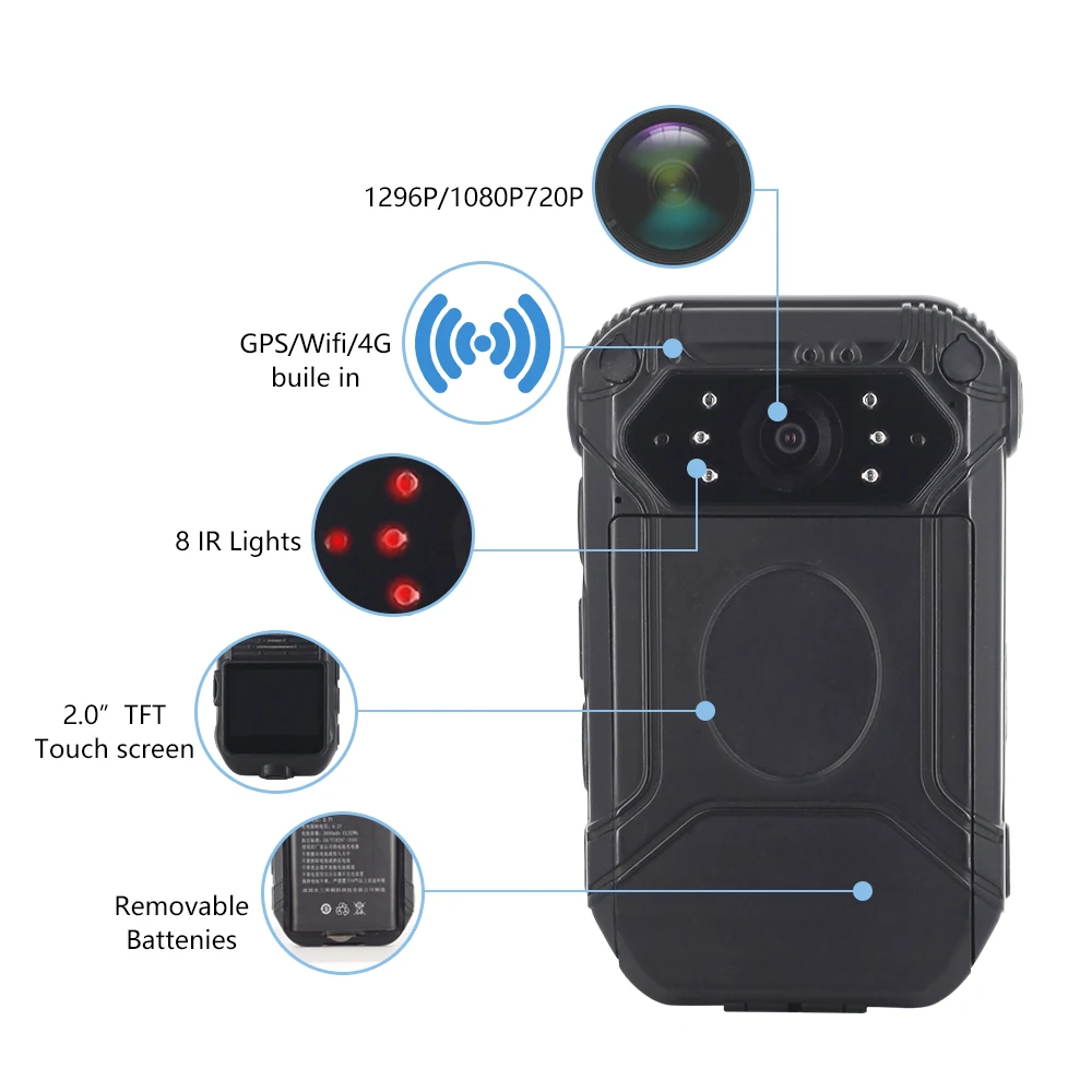 
4G Wifi GPS Touch Screen 1080P IR Night Vision Body Worn Camera 