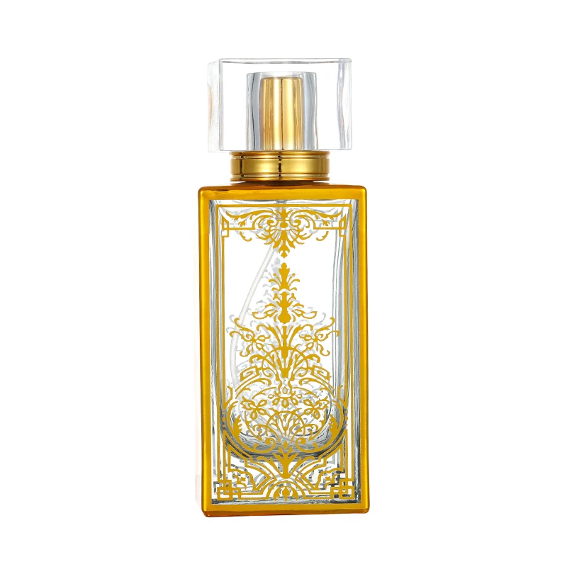 50ml Rectangle Empty Glass Perfume Bottle Luxury Golden Pattern Spray Bottle with Acrylic Lids