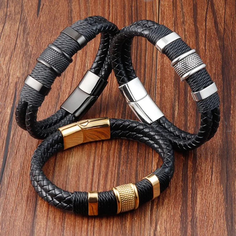 Alin Fashion Mens Braided Bracelet Black Genuine Leather Bracelet With Stainless Steel Clasp Wristband Bracelet For Men