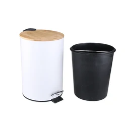 3L 5L 7L Round Metal Trash Can with Bamboo lid and Pedal Garbage Container Bin with Removable Inner Wastebasket