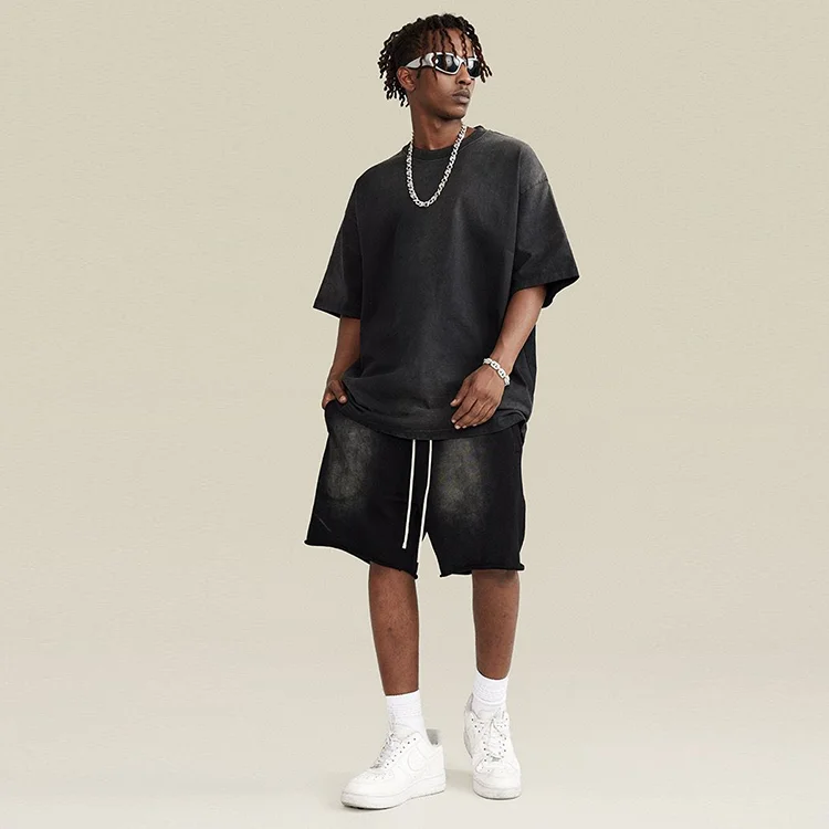 Luxury 320 gsm 350gsm custom heavyweight vintage t-shirt and pant sets acid washed 280 gsm cotton oversized t shirt for men