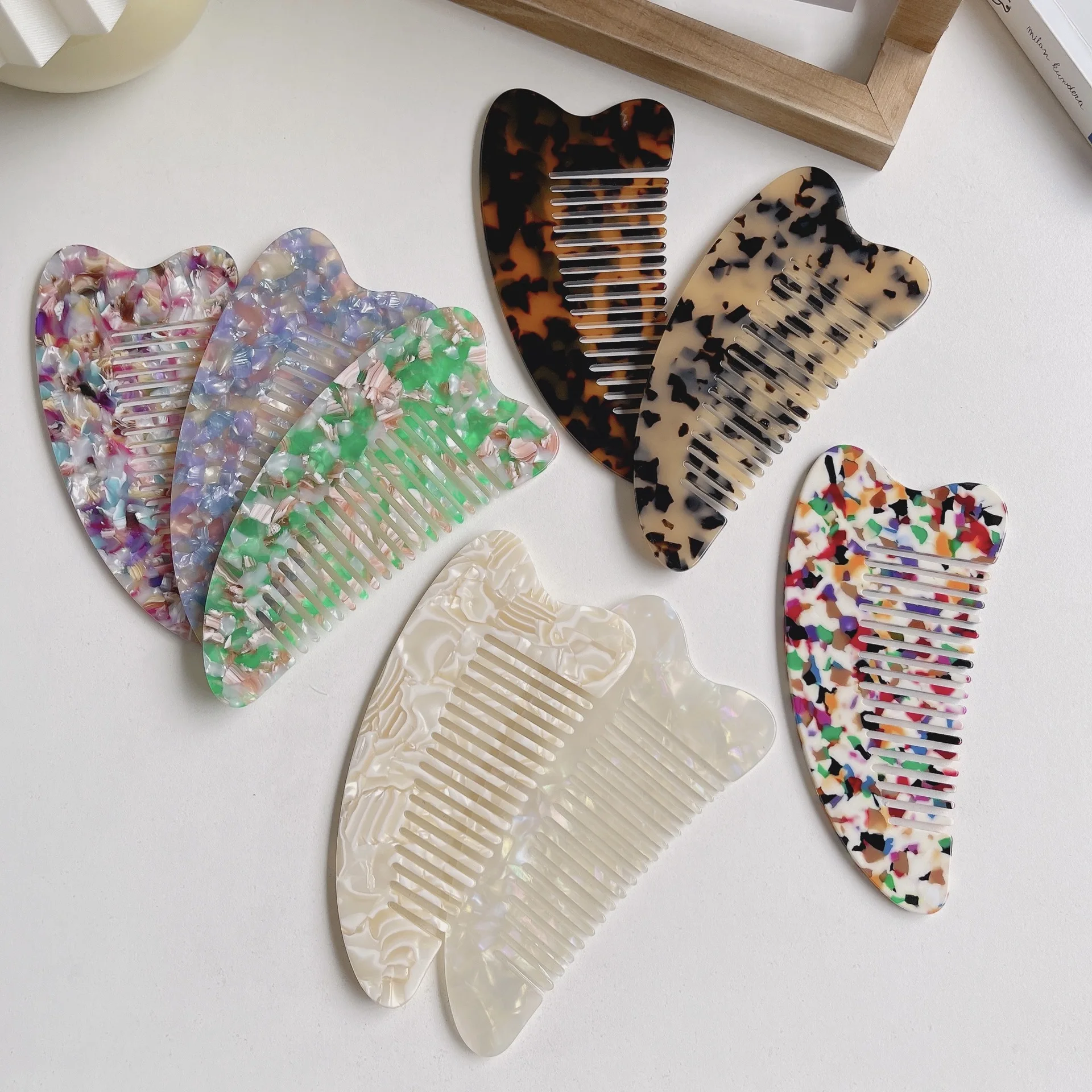 QianJin Custom Logo European American acetic acid hair combs fashion anti-static Marble pattern wide teeth comb hair acetate