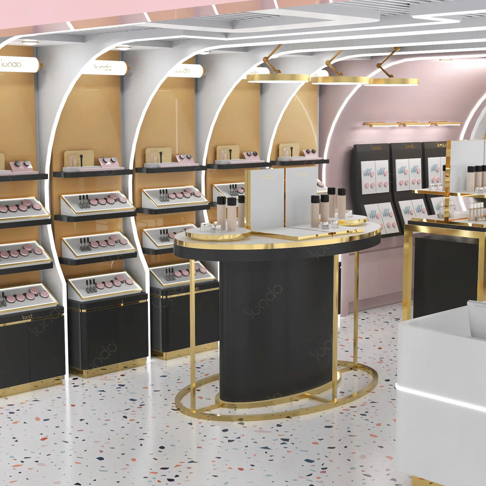 SUNDO wholesale price Beauty showcase shop furniture supply rose gold cosmetic display cabinet Wooden cabinet for perfume