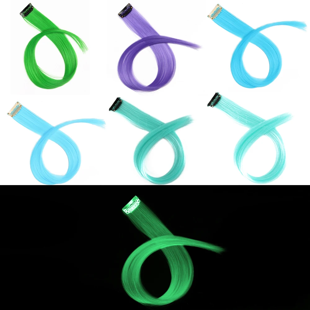 Highlight Glowing in Dark Hair Extensions Colorful Luminous Hair Straight Synthetic Hairpiece Clip in Braiding Hair