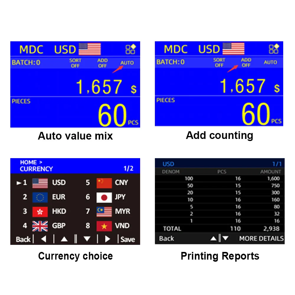 HL- P100 popular new money counter with 2 CIS frontloading bill counting machine  Serial Number Recognition Printing