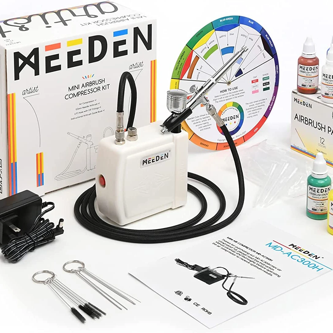 MEEDEN Mini Airbrush Kit, Dual-Action Gravity Feed 0.5mm Airbrush, 12 Colors Airbrush Paint Set, Multi-Purpose Portable Compress