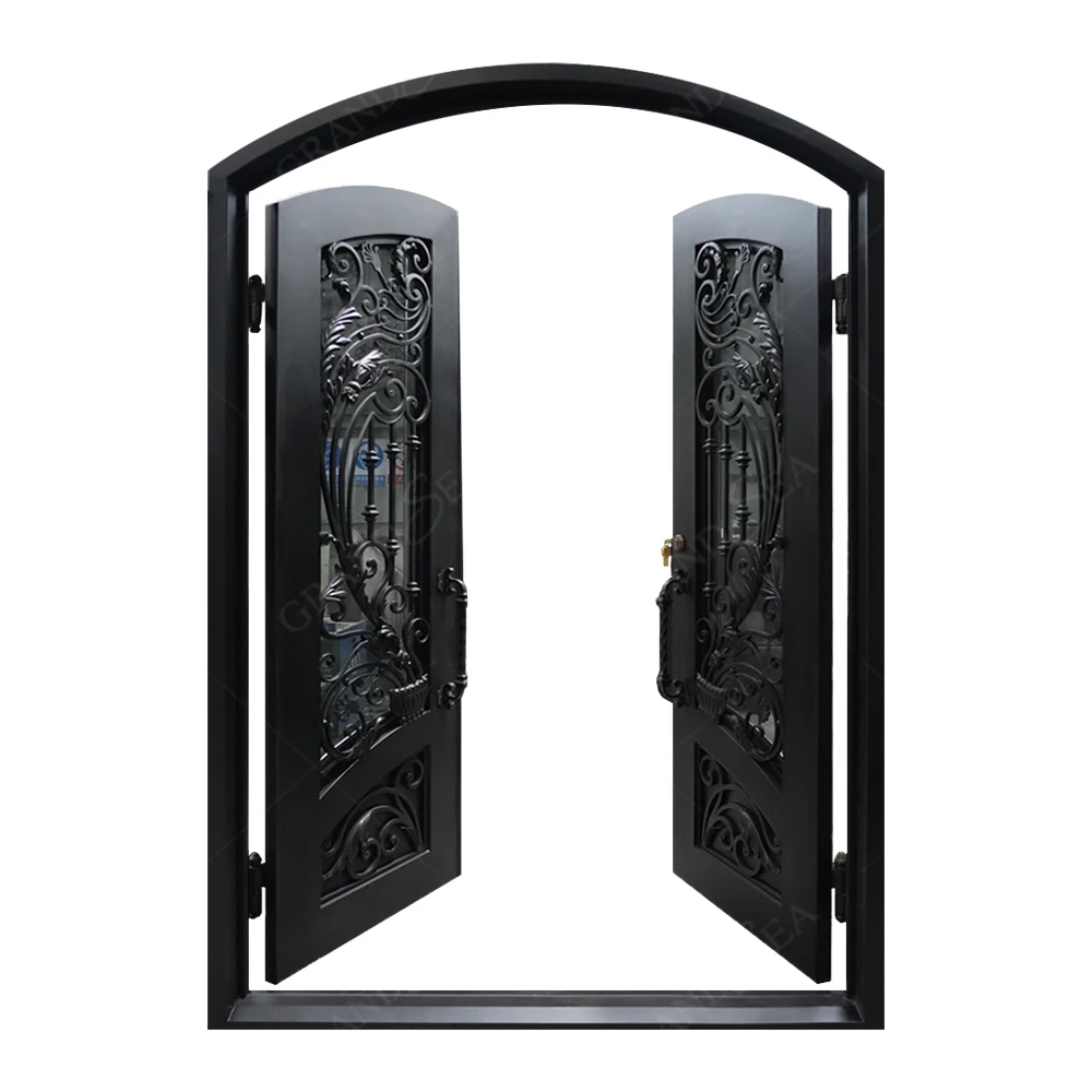 Superior Quality Double Cast Iron Grill Entrance Door For Residence Modern Design External Entrance Arched Wrought Iron Door