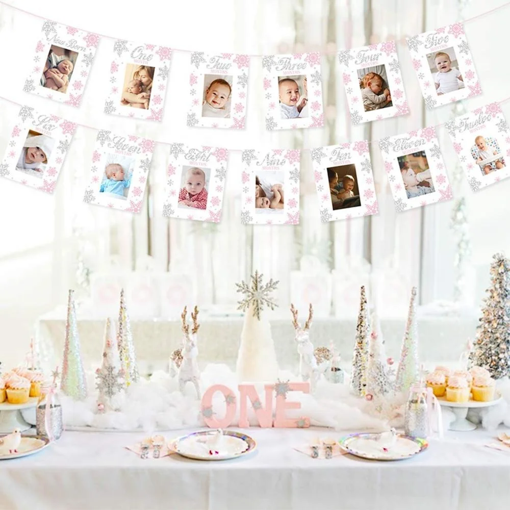 Winter Onederland Balloons 1st Birthday Decorations Pink First Birthday Party Supplies Snowflake Photo Banner Onderland Bannar