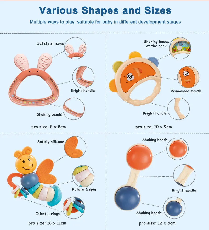CPC Early learning musical toy set infant grab shake rattle sensory teether toddlers chewing teething toys baby rattles