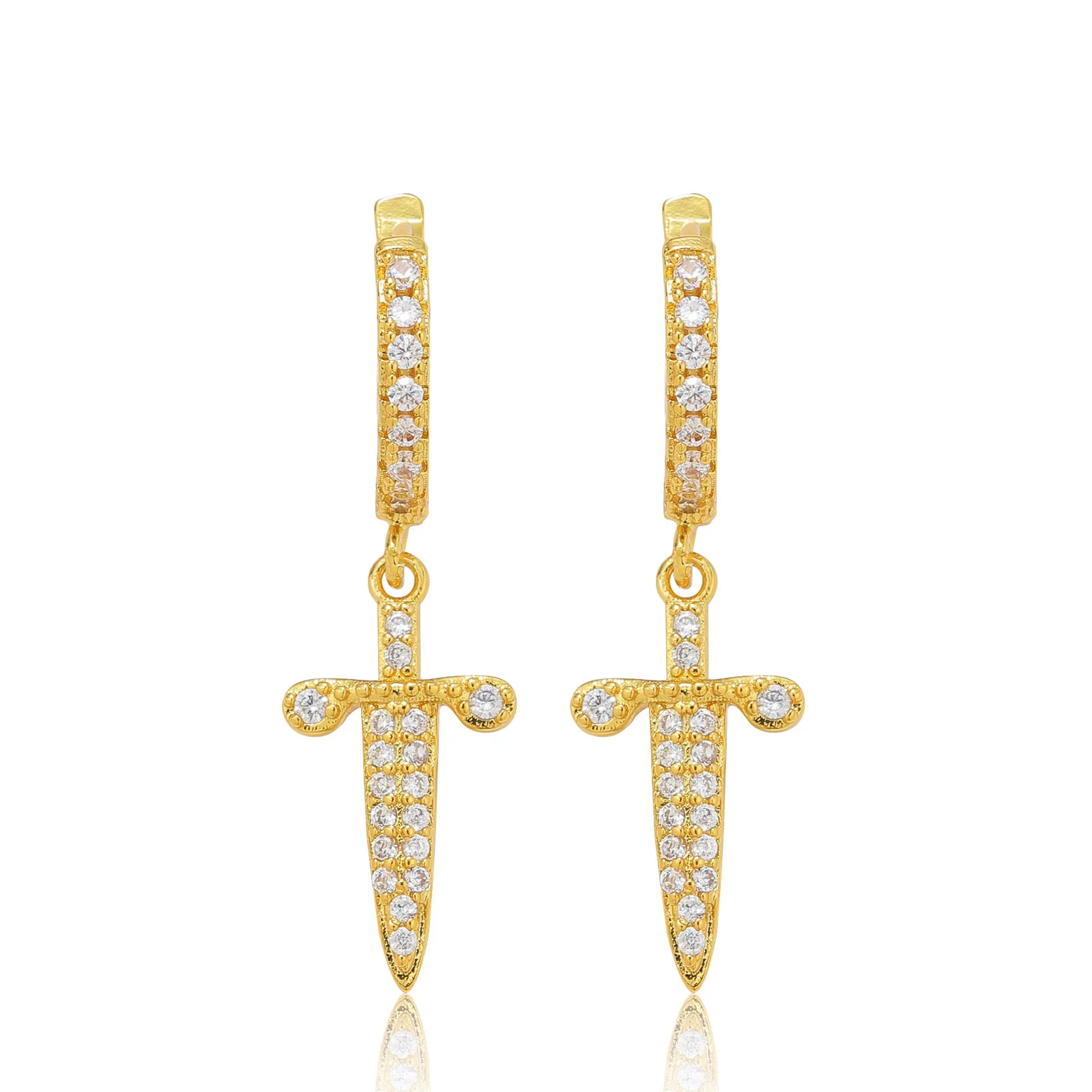 Fashion Earrings Hip Hop Luxury Icy Gold Plated Diamond Drop Earrings Iced Zirconia Sword Cross Earrings For Men Jewelry