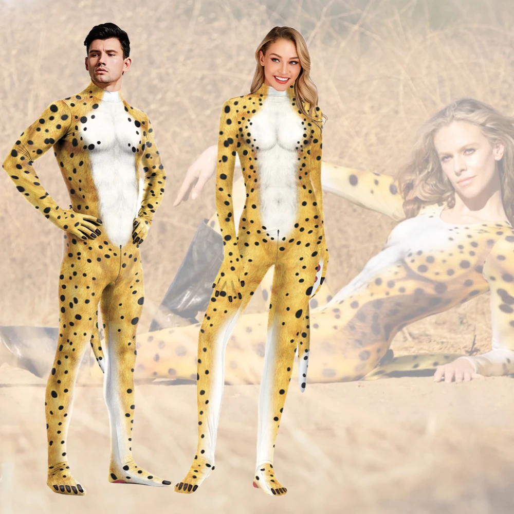 NADANBAO Animal Leopard Print Costume With Tail Adult Men Women Jumpsuits Funny Cosplay Bodysuits Halloween Costume For Party