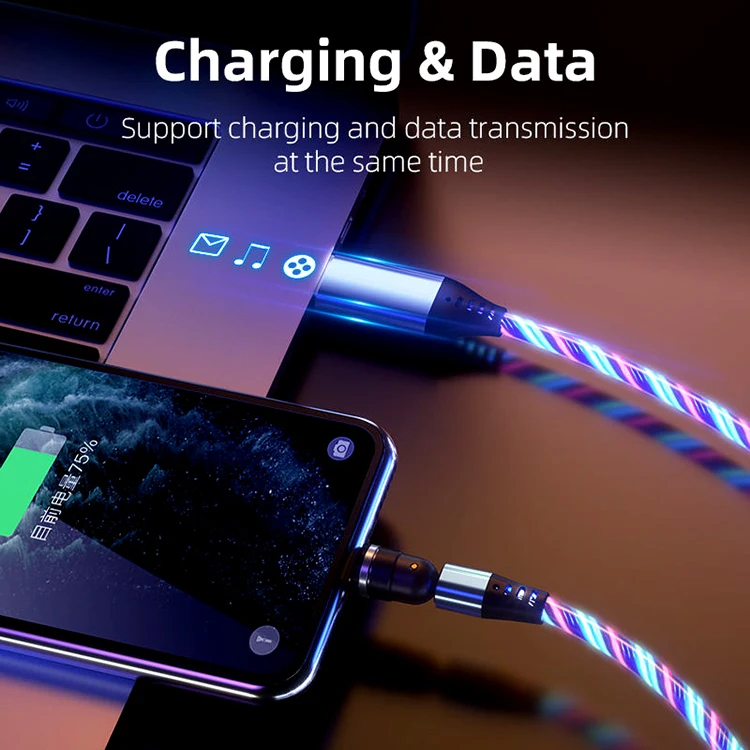 540 Degree Rotating Magnetic Cable Micro USB Type C Cable For iPhone13 Pro XS Max Samsung Xiaomi Glow LED Lighting USB Cable