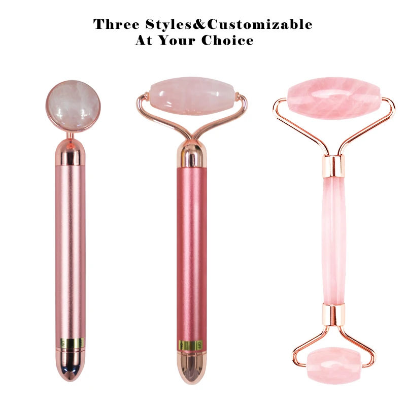 Электрический роллер из розового кварца, вибрирующий нефритовый массажер для лица