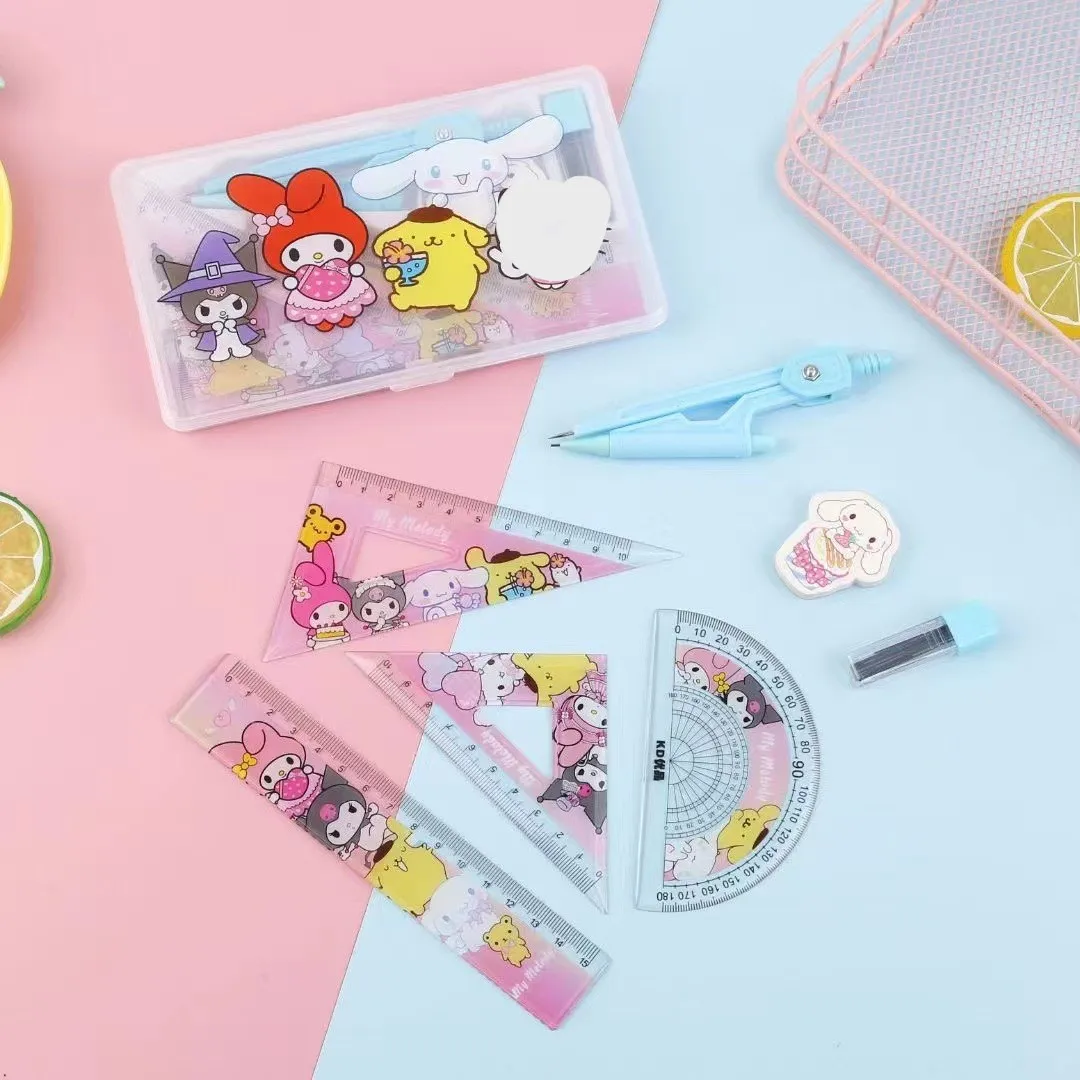 QH Hot selling compass ruler set, cute student exam drawing ruler, 7-piece stationery combination gift
