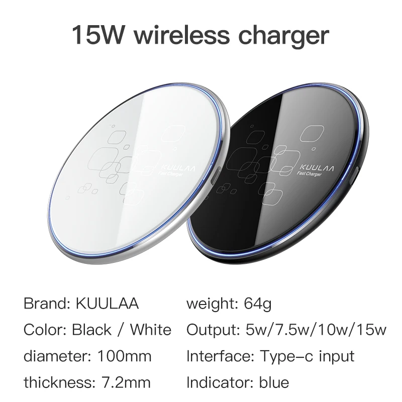 KUULAA Portable Type C Mirror Effect Cell 15W Fast Charging Smart Mobile Cellular Usb C Wireless Charger For iPhone 12