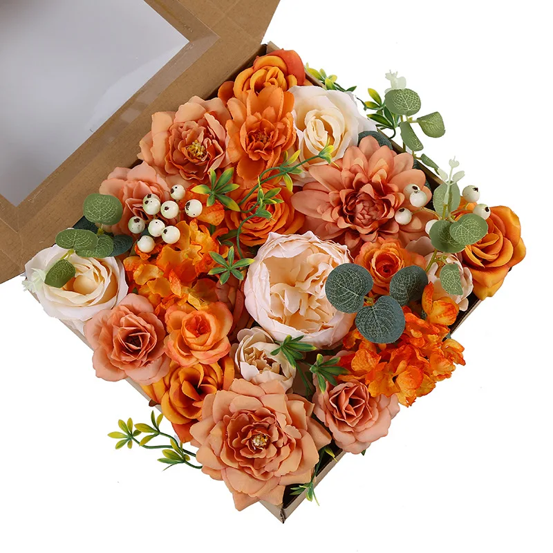 Silk Dahlia Rose DIY Bouquets Wedding  Multicolored Foam Roses Set Boxes Orange Foam Flowers Bouquet Flower Wall Backdrop