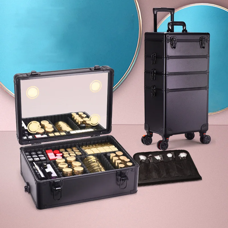 Professional Makeup Rolling Trolley Organizer Case Multi Layer Led Cosmetic Storage Box  Detachable Foldable Makeup Suitcases