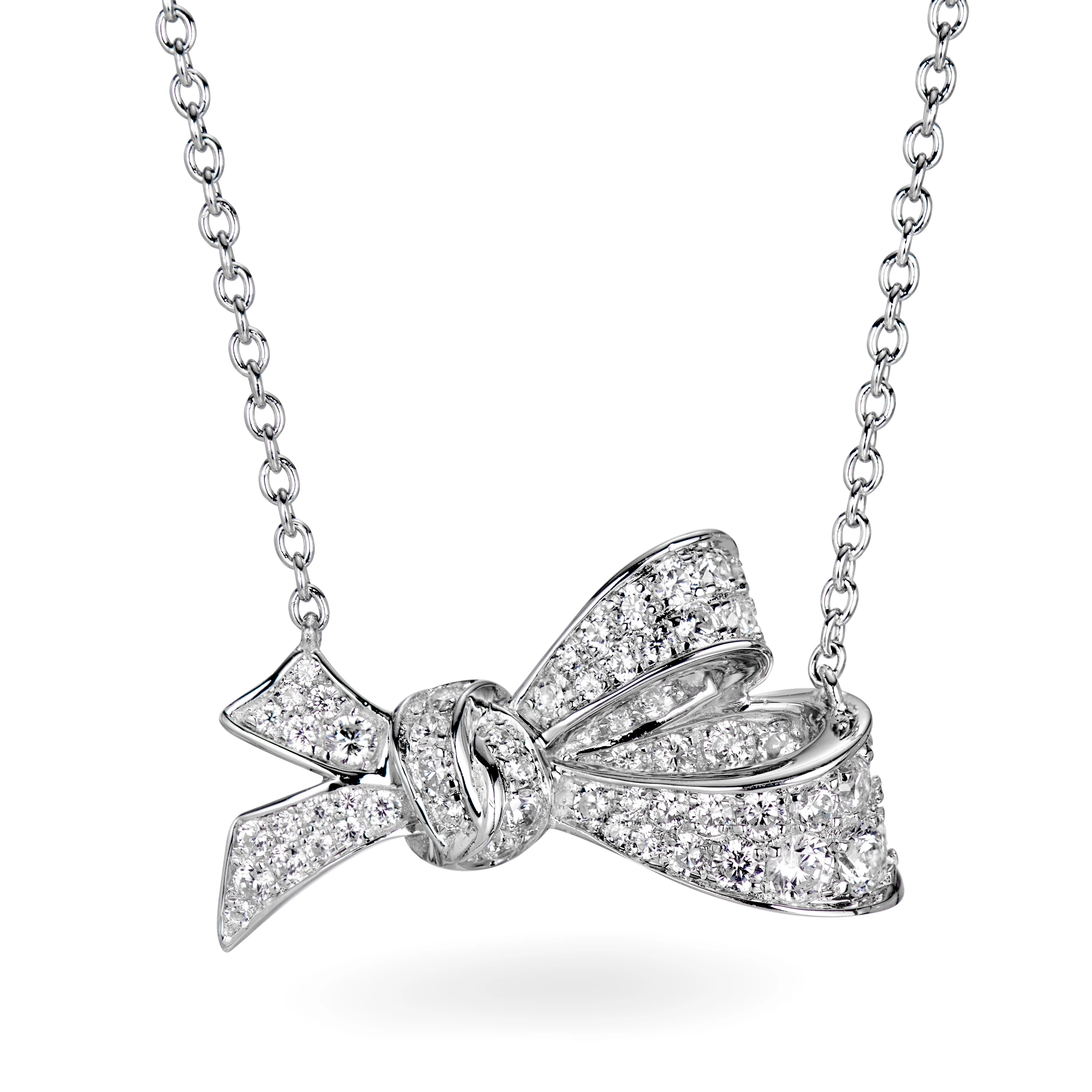Fast shipping elegant butterfly bow diamond pendant white gold coating necklace 925 sterling silver zircon necklace jewelry