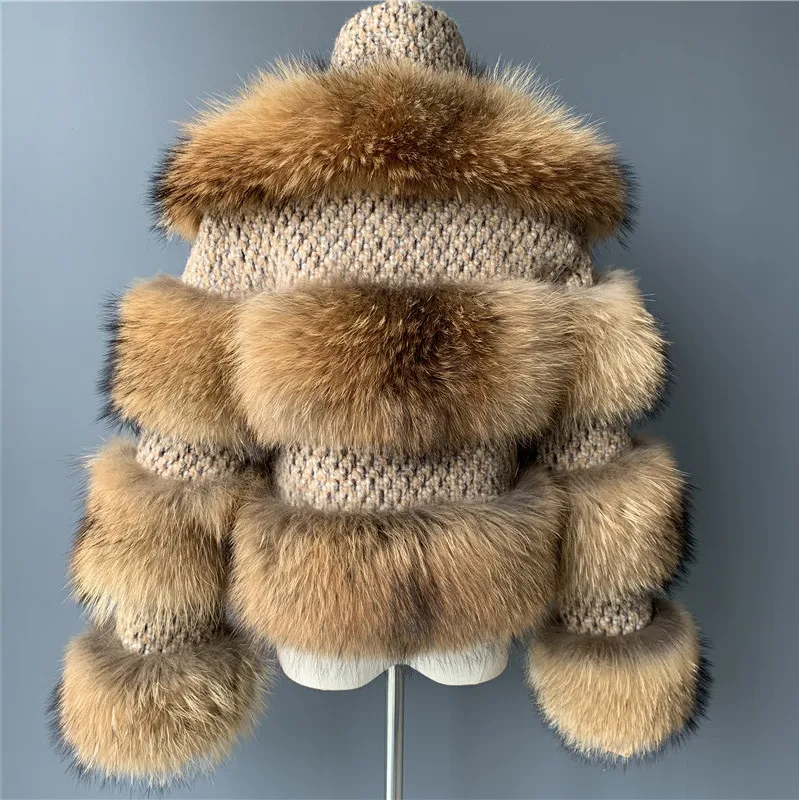 New Fashionable Woman Jacket Fur Real Raccoon Fur Jacket Fluffy Big Raccoon Fur Collar Coat