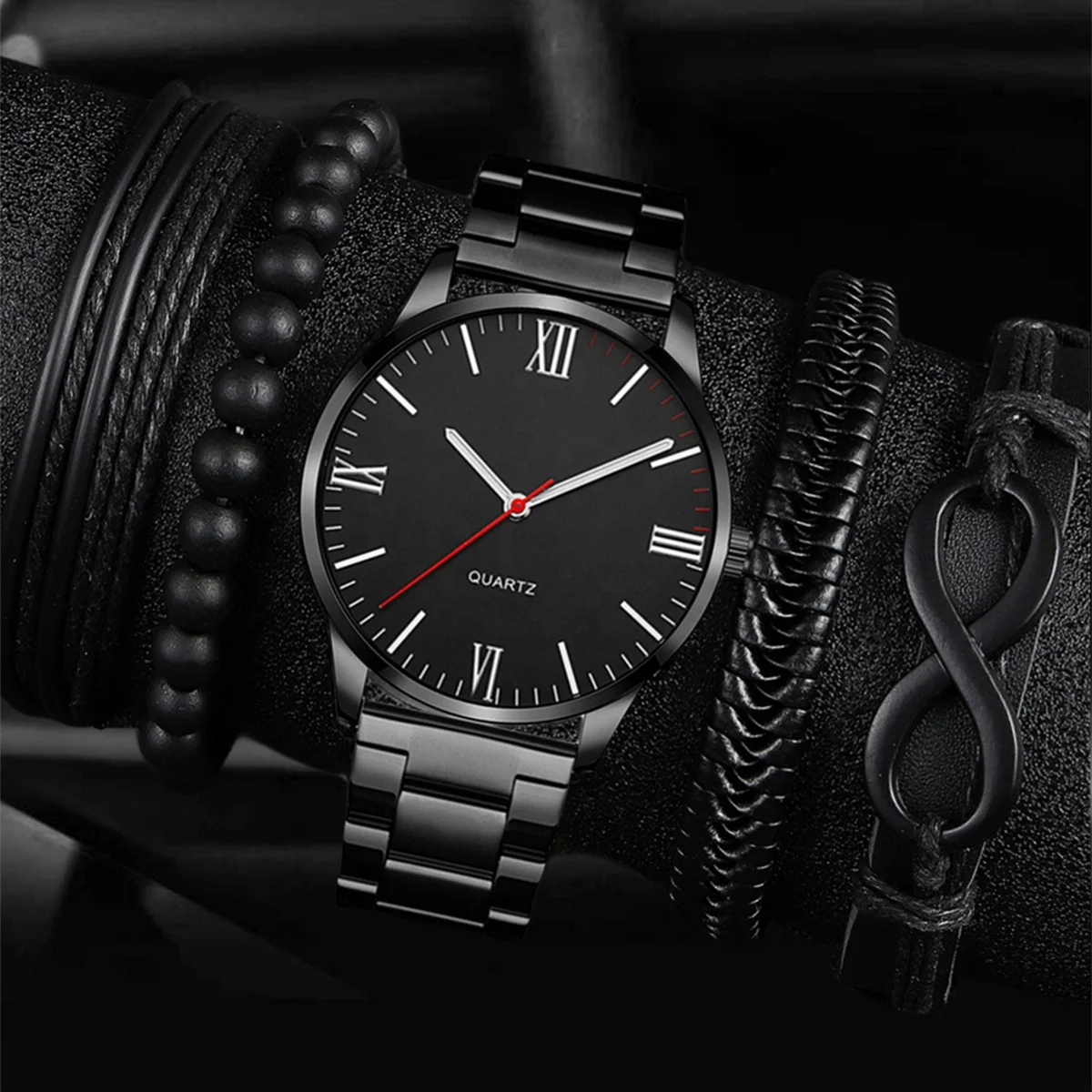 Y340 New Arrivals Luxury business style black round steel  strap  bracelet 5pcs/set  quartz watch for men