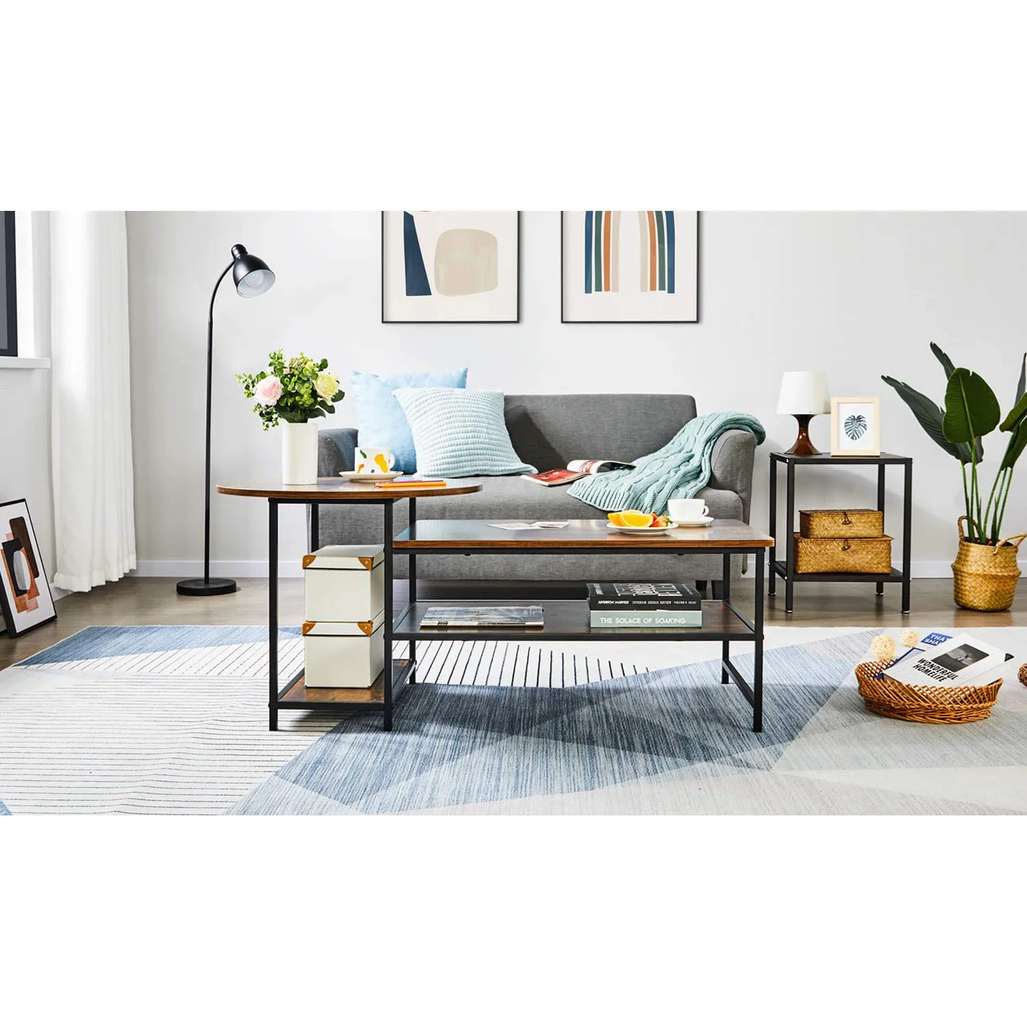 Современный деревянный журнальный столик с выдвижным ящиком и металлическим овальным краем для гостиной среднего века