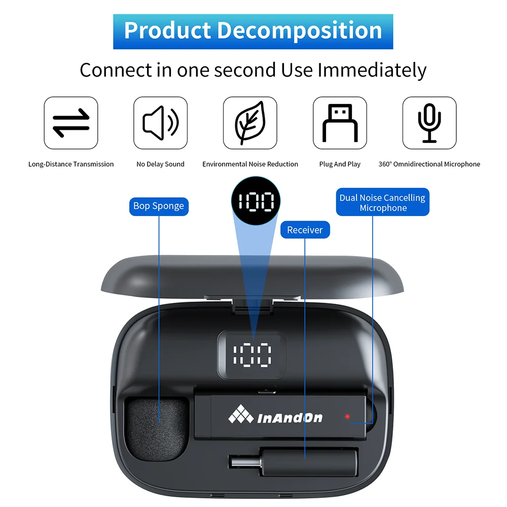 USB Type-C Lighting Adapter Microphone Wireless Lavalier Microphone for Live Streaming LED Display Power Bank