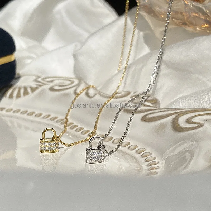 Trendy 925 Silver Diamond Minimalist Cz Designer Lock Charm Pendant Gold Filed Necklace Chain