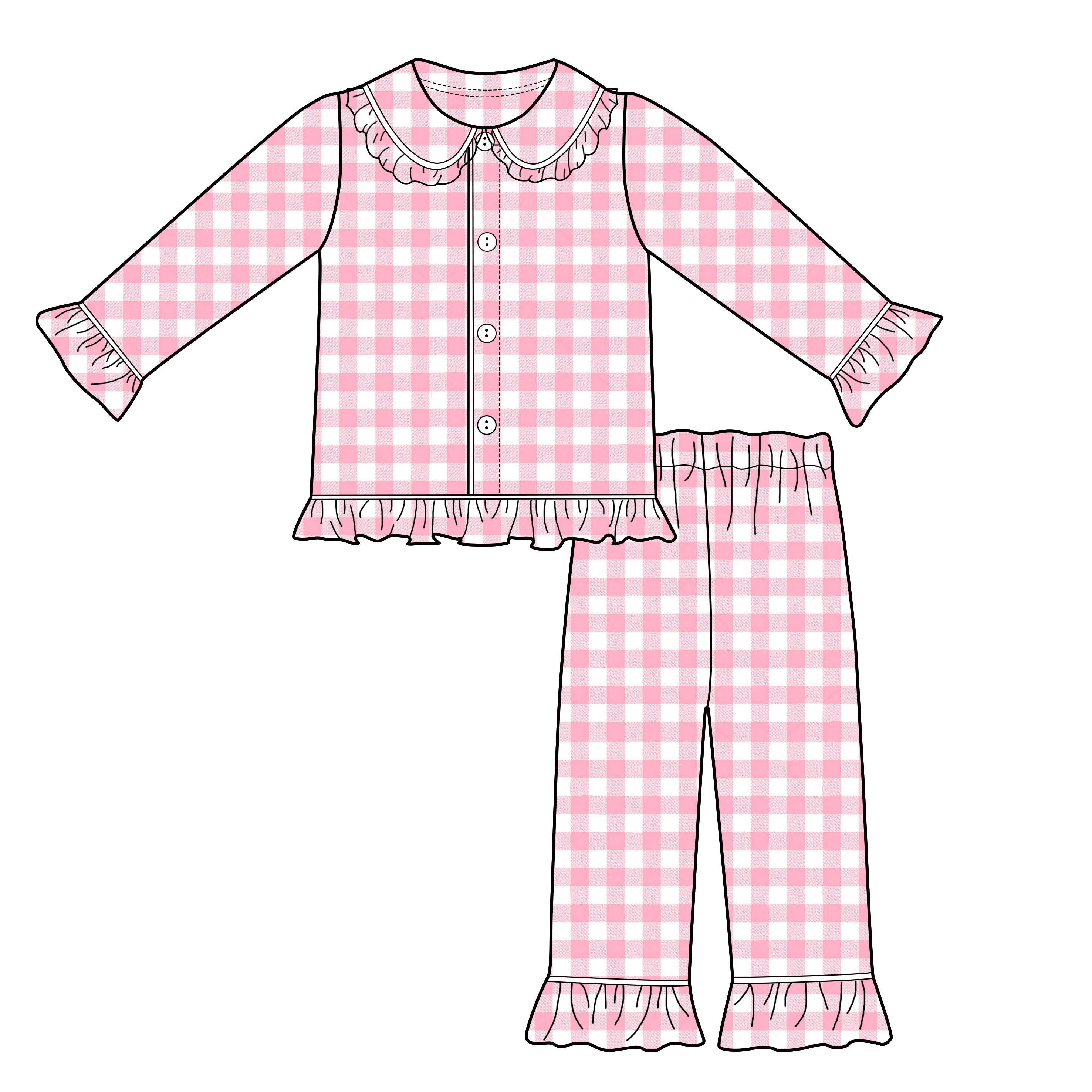 Sweet girls ruffle pjs long sleeve gingham cotton knit spring baby girl pyjamas